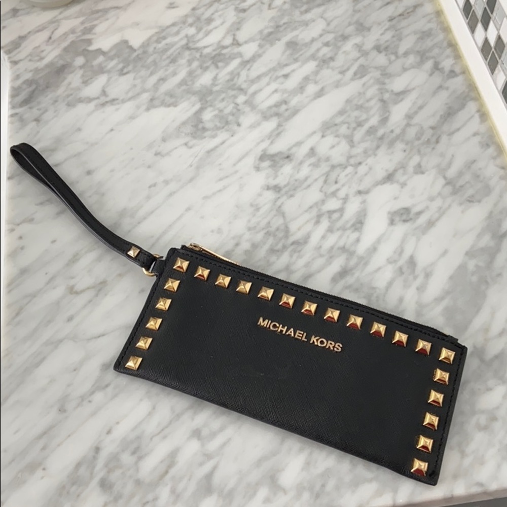 Michael Kors Black Wristlet Clutch with Gold Studs